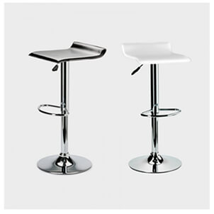 Collection of cOne white and one black PU Leather adjustable bar chairs, on a white background